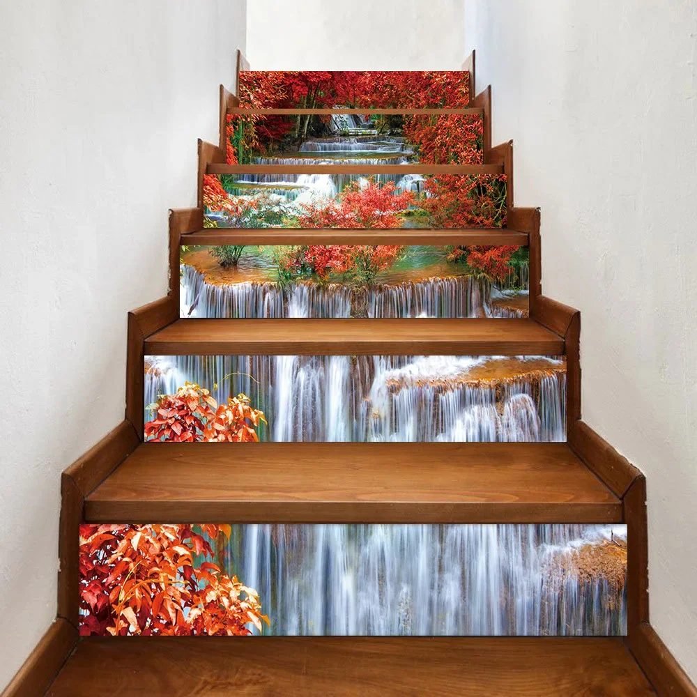 3D Self-Adhesive Stair Riser Decals Stickers Forest Waterfall Removable PVC Staircase Stickers Mural Stairway Wallpaper Sticker Decoration