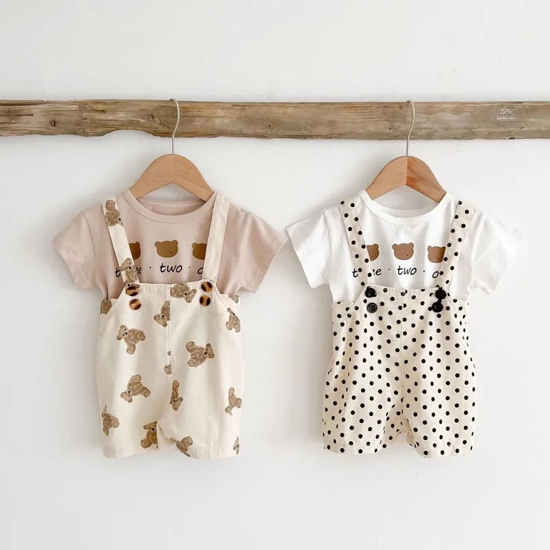 Baby Boy Summer Bear Print Short Sleeve Clothes Set Overalls T Shirt Suit
