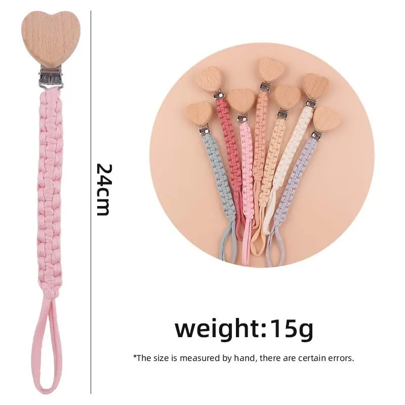 Handmade Crochet Cotton Baby Pacifier Chain Wooden Heart Shape Dummy Holder Clip For Teething Nursing Chewing Toys Shower Gift 5