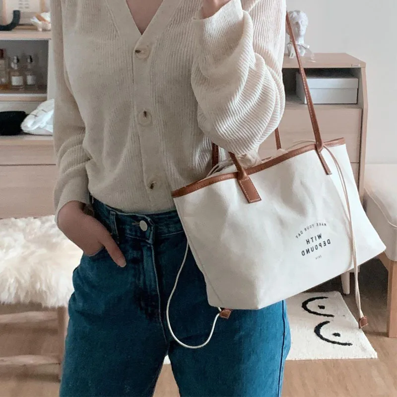 Casual Canvas Drawstring Shoulder Tote Bag for Women