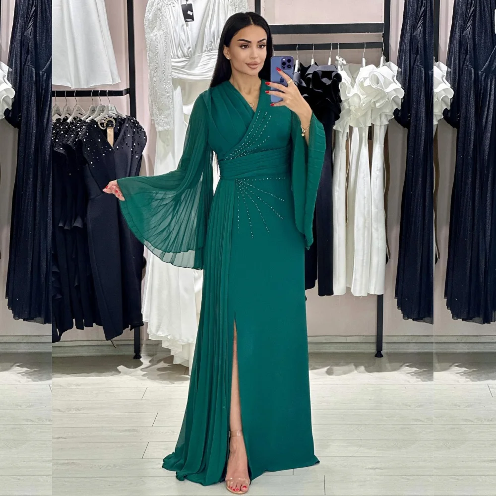 Evening Chiffon Beading Draped Graduation A-line V-neck Bespoke Occasion Gown Long Dresses