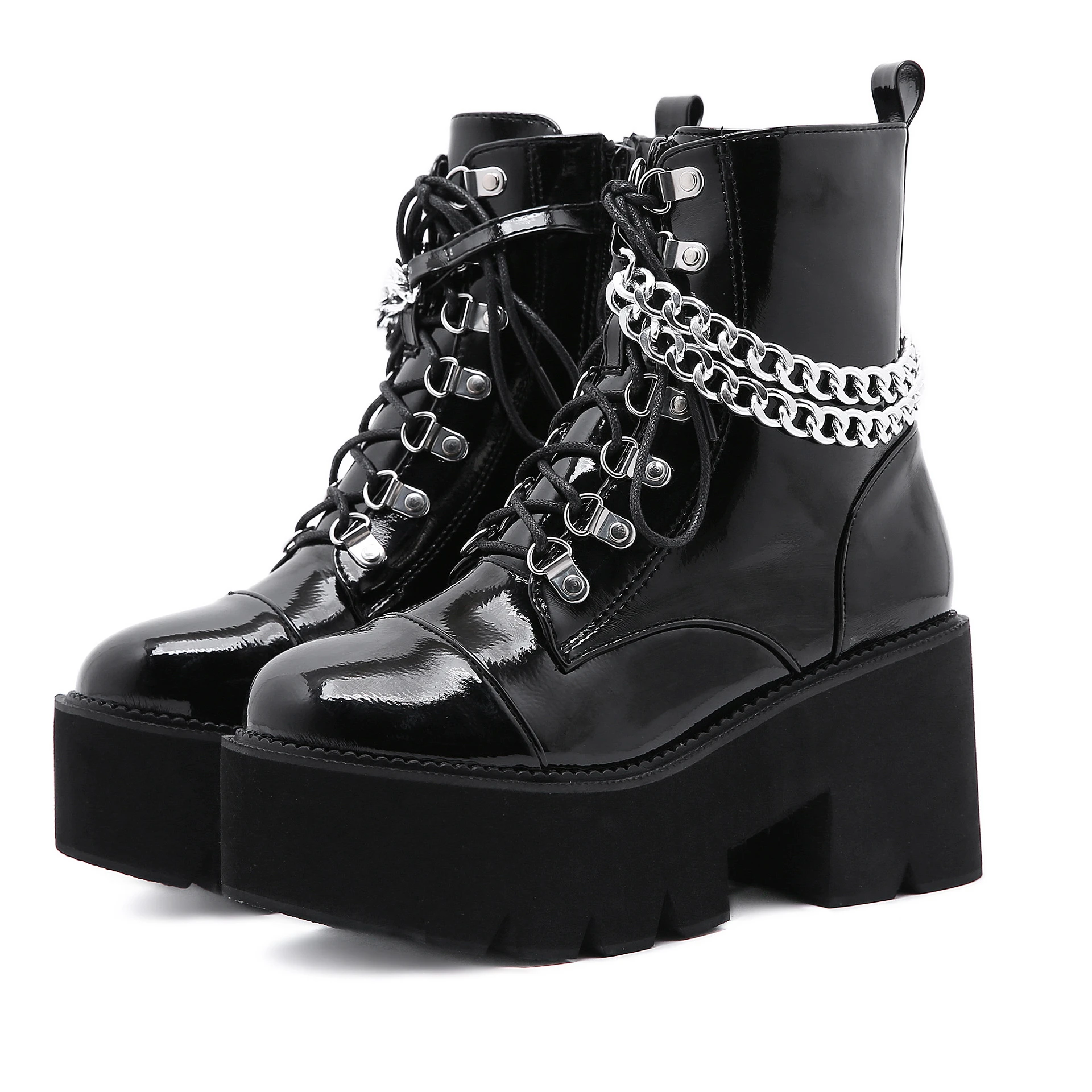 

New Gothic Boots Ladies Wedges High Heels Platform Ankle Shoes Zip Chain Round-toe Women Autumn Spring Cool Punk Boots Female