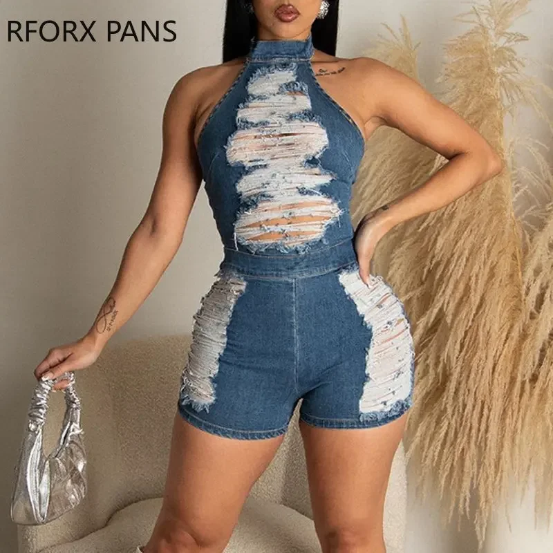 

2023 Women Solid Halter Sleeveless Ripped Zipper Sexy Bodycon Denim Romper