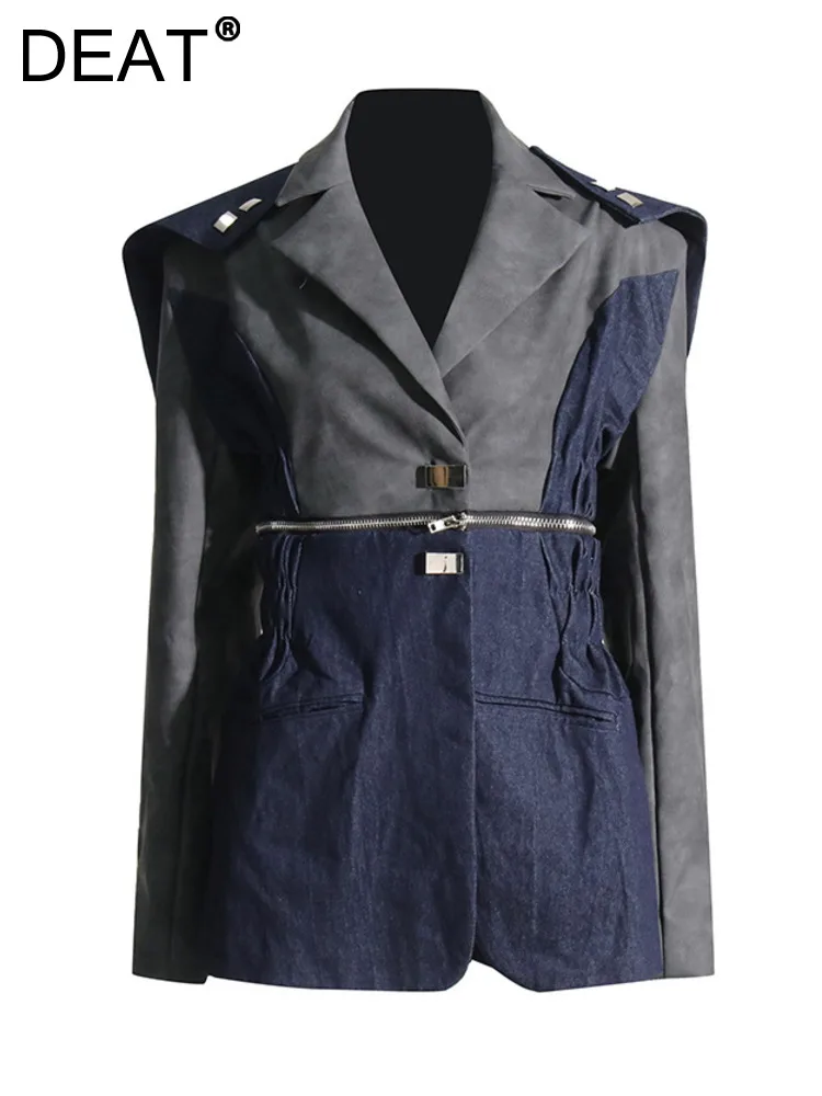 

DEAT Women Denim Blazer Notched Collar Patchwork Zipper Panelled Waist Long Sleeve Suit Jackets 2024 Spring New Fashion 29L2684