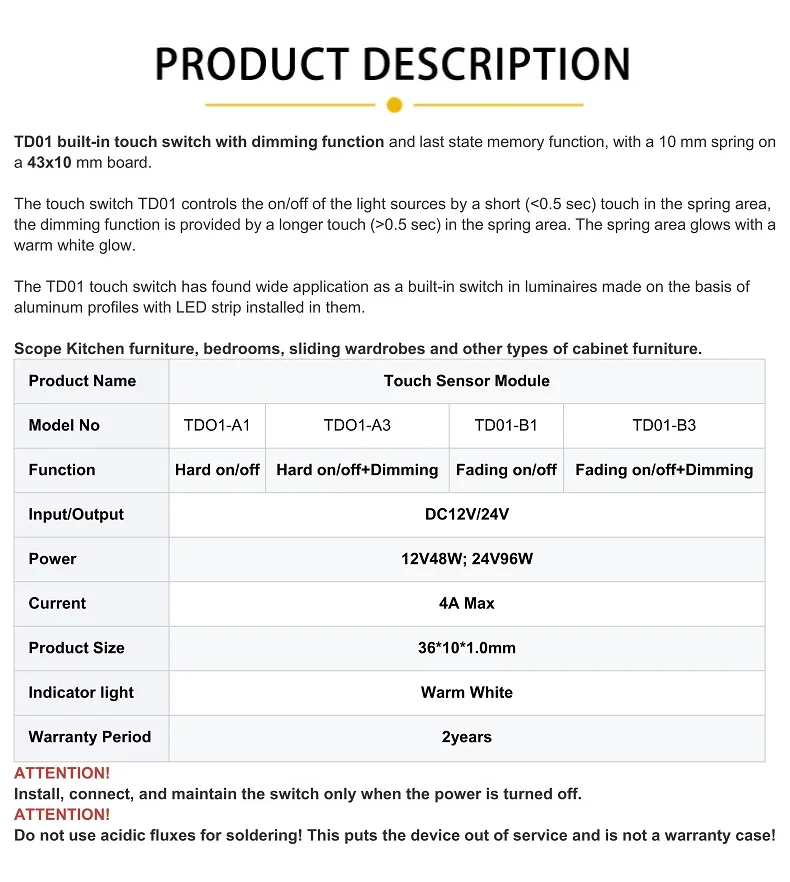 Description Picture 3 of itemTouch switch DC 12V 24V adjustable brightness controller suitable for home cabinet LED light strip