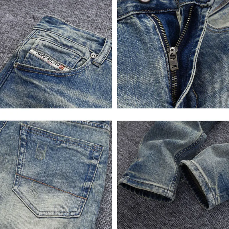 Newly Fashion Designer Men Jeans Retro Washed Blue Stretch Slim Fit Ripped Jeans Men High Quality Vintage Denim Pants Hombre