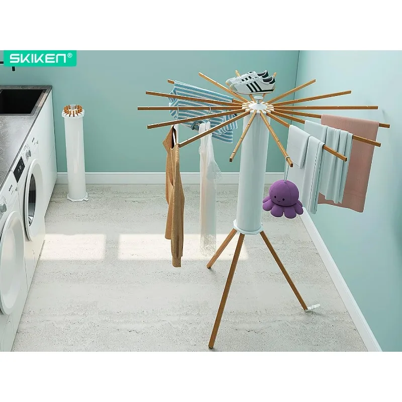 Cylinder Tripod Drying Rack, Octopus Drying Rack Clothing, Space Saving Master, 16 Expandable Rods, Solid Wood, Standing