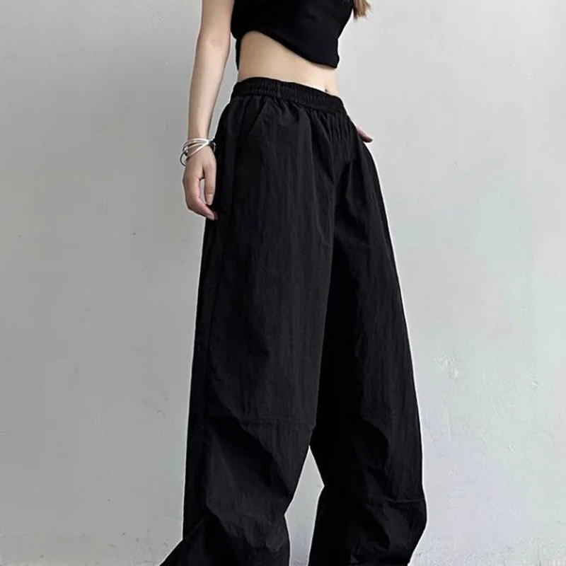 2024 New Summer Korean Style Retro Loose Casual Oversized Women's Clothing Solid Color Drawstring Pockets Folds Chic Y2K Pants
