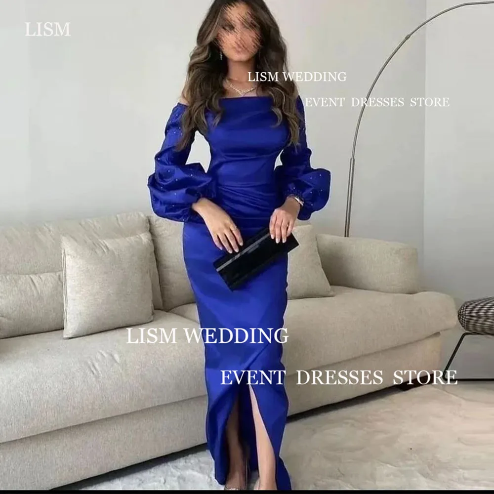 

Элегантное темно-синее атласное вечернее платье LISM с открытыми плечами и длинными рукавами, официальное платье-Русалка для выпускного вечера, для женщин из Саудовской Аравии