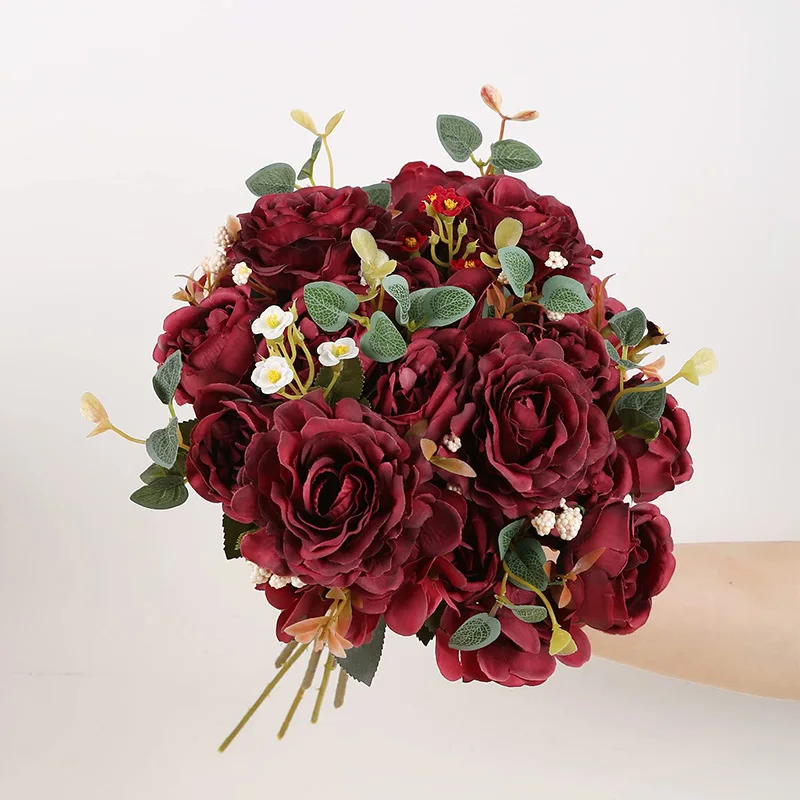 Burgunderrote Pfingstrosen, künstliche Blumen, 2 Stück, Rosen-Hortensien, Vintage-Kunstblumensträuße für Hochzeit, Braut, Tisch, Heimdekoration