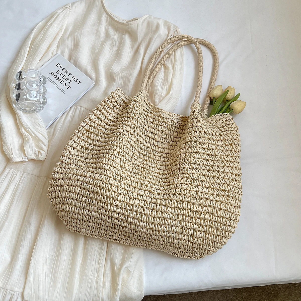 Lazy Style Woven Bag Women's Summer Seaside Vacation Beach Bag Large Capacity Shoulder Bag Straw Bag Tote Bag Work Clothing Wool Knitted Bag Work