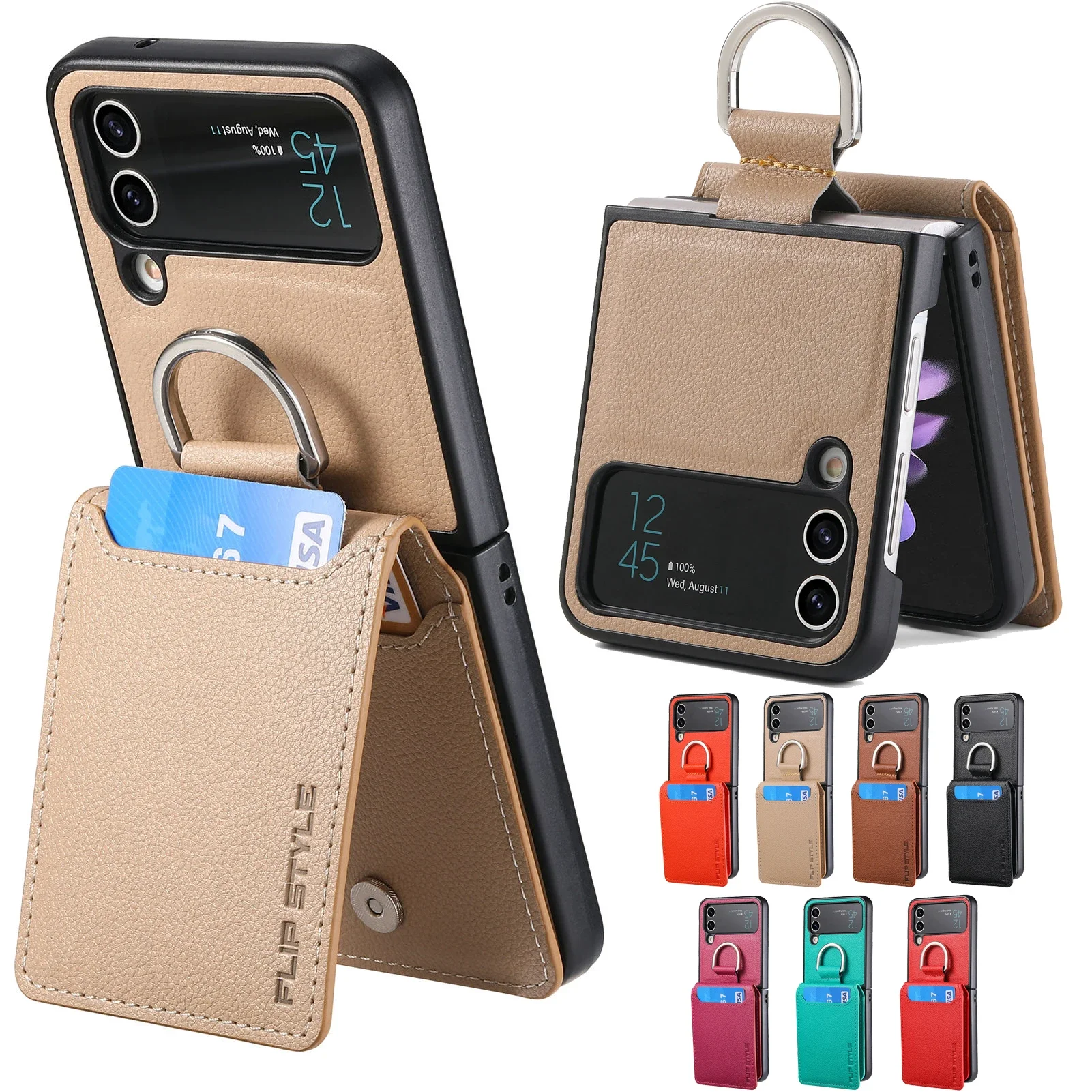 Vertical Magnetic Wallet Ring Holder Leather Case with Stand Feature