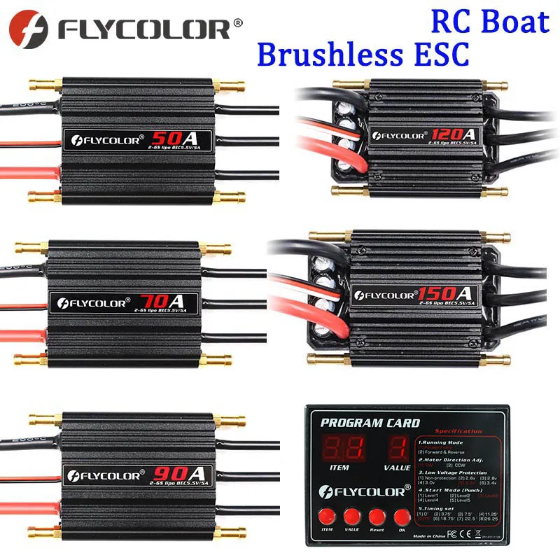 

Flycolor 50A 70A 90A 120A 150A Brushless ESC 2-6S RC Boats Waterproof ESC Programme Card with BEC System for RC Boats