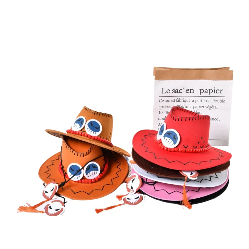 Cosplay Hat Anime Luffy Cosplay Cowboy Cap for Kids Adult Halloween Cartoon Luffy Pirates Hats Accessories Summer Orange Deerskin Velvet Hat