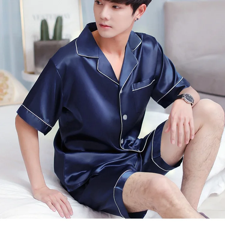 여름 남성 루즈핏 캐주얼 라운지웨어 세트 남성 패션 스트라이프 파자마 반팔 셔츠 반바지 가디건 야외복 파자마