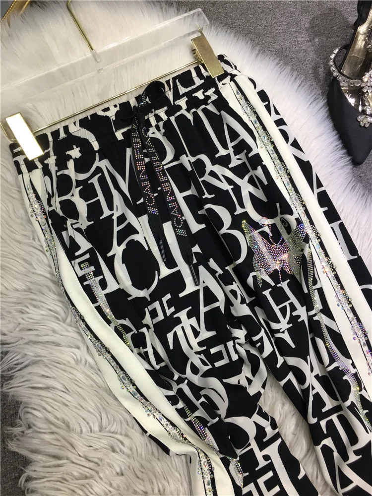 Blingbling Hot Drilling Ankle-length Pants 2023 New Summer Black White Letters Casual Chiffon Trousers Elastic Waist Sweat Pants