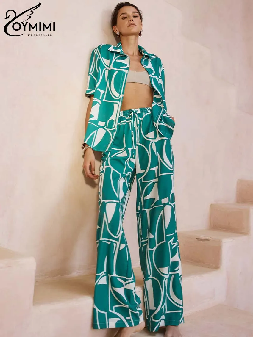 Oymimi Casual Green Print Two Piece Outfits Women Elegant Lapel Short Sleeve Button Shirts And Drawstring Straight Trousers Sets