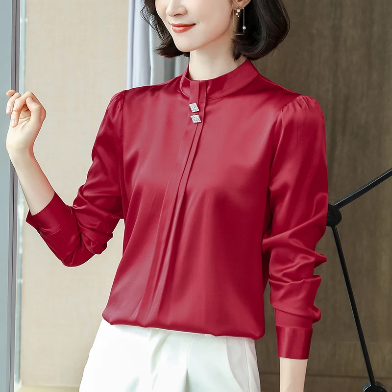 

Fashion Real Silk Blouses Women Elegant Shirts Spring Autumn Elegant Long Sleeve Solid Blouse Office Lady Red White Shirt Tops