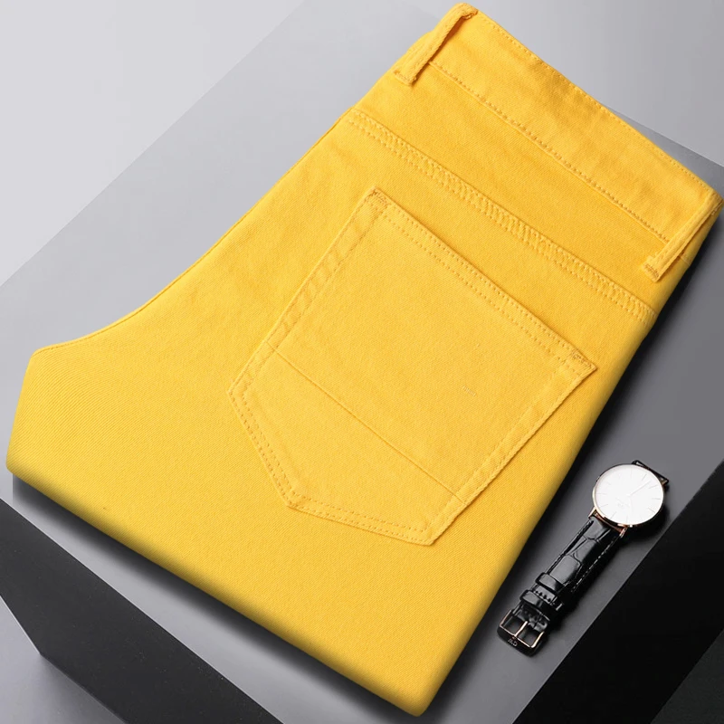 Yellow Men's Straight Jeans New Design Denim Male Long Pants Elastic Fashion Korean Youth Party Hip Hop Trousers Streetwear 4
