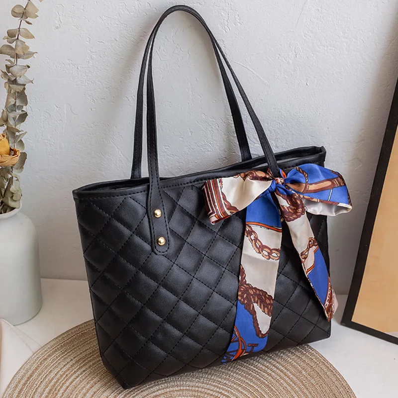 Large Capacity Lingge Embroidery Bag New Trendy Simple Scarf Tote Bag One Shoulder Bucket Bag Bags for Women