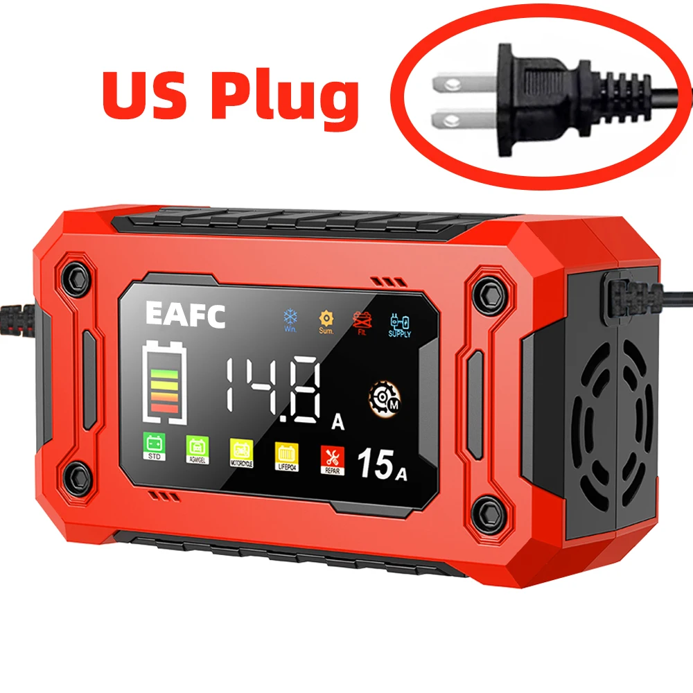 Smart 12V 15A Battery Charger with Large LCD Display for Various Vehicles and Battery Types