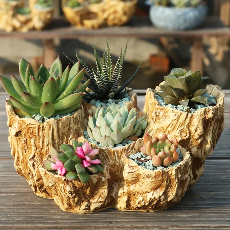 

Succulent Flower Pot Imitation Wood Plant Pot Creative Micro Landscape Small Porous Resin Succulent Vase Tree Root Decoration