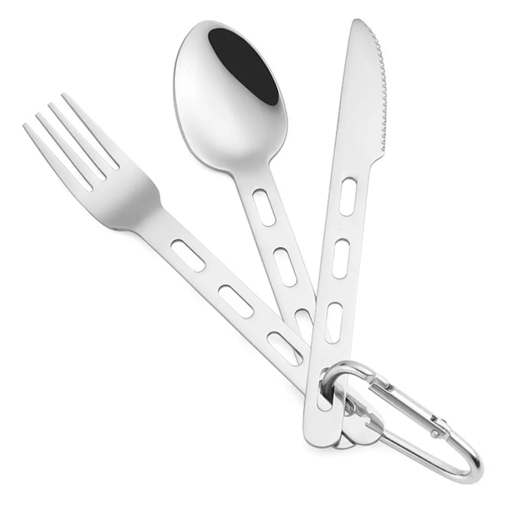 

3 Sets Camping Fork Spoon Kit Camping Cutlery with Crabiner Travel Tableware for Western Food