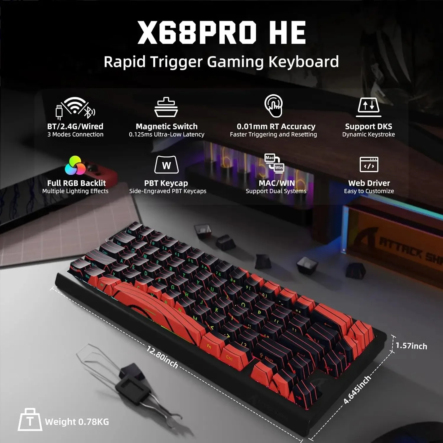 لوحة مفاتيح الألعاب اللاسلكية ATTACK SHARK X68 PRO...