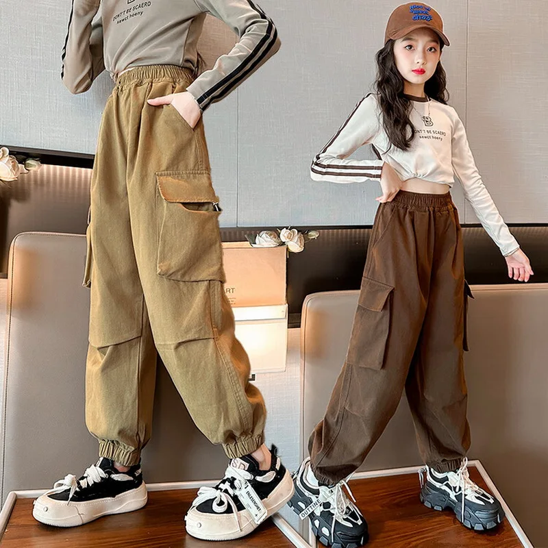 Girls Cargo Pants Autumn 2023 New Cotton Casual School Kids Trousers Red  Loose Children's Clothing 10 12 13 14 Years Teens Pants