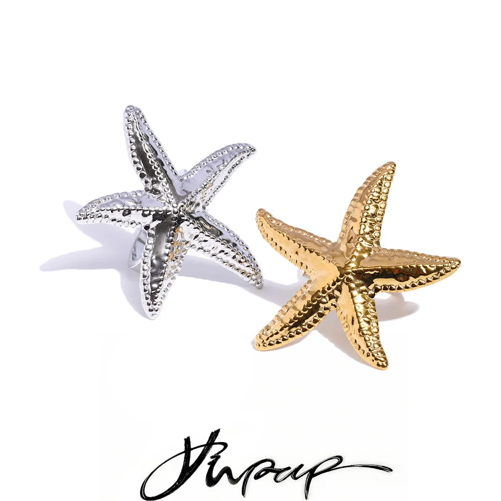 Yhpup Summer Stainless Steel Hammer Metal Starfish Adjustable Ring
