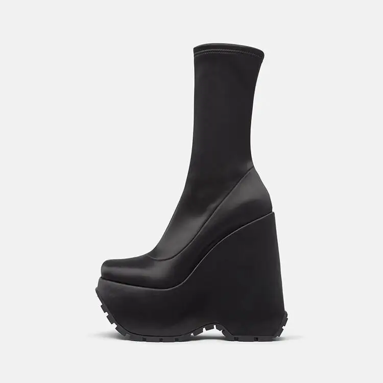 

Thick-soled Ankle Boots 2022 Autumn and Winter New Wedge Heel Square Toe Elastic Boots Black Waterproof Platform Women's Shoes
