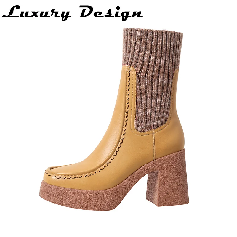 Winter Sock Boots Stretch Woolen Leather High Heels Ankle Boots Woman