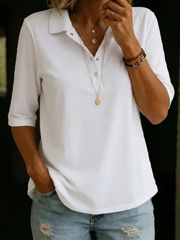 Polo da donna con risvolto, a mezza manica, abbottonata, tinta unita, vestibilità ampia, per primavera estate, casual, per tutti i giorni, T-shirt da donna