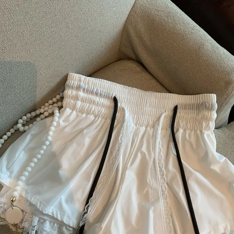 Women's Patchwork Fake Two-piece Lace Shorts High Elastic Waist Drawstring A-shaped Casual Shorts Pants