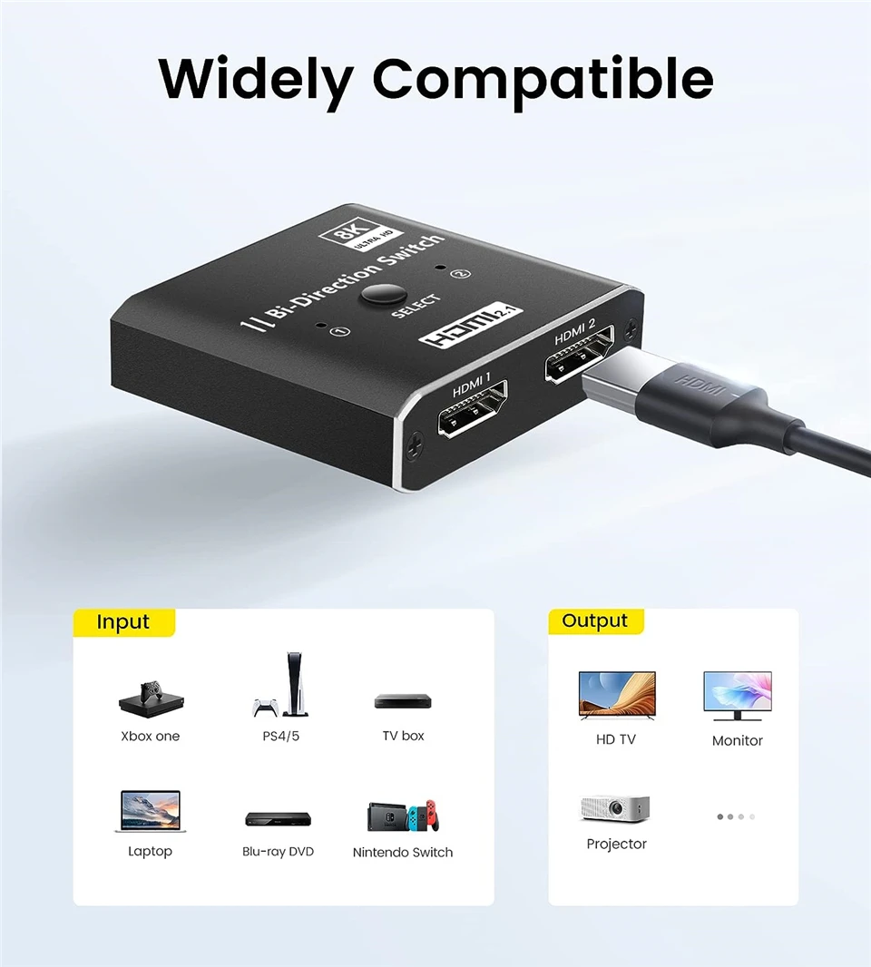 Commutateur HDMI 2x1 – 8K/4K @ 120Hz – 2 Entrées, 1 Sortie – Pour PS5, PC, Projecteur, TV – Câble D'alimentation Inclus