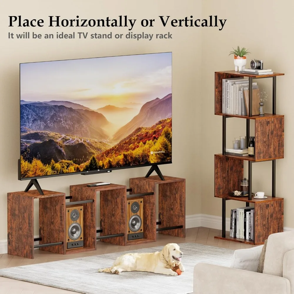 6-Tier Bookshelf, Tall S-Shaped Geometric Bookcase, Industrial Freestanding Display Shelf Unit, Wood Divider for Living Room 4