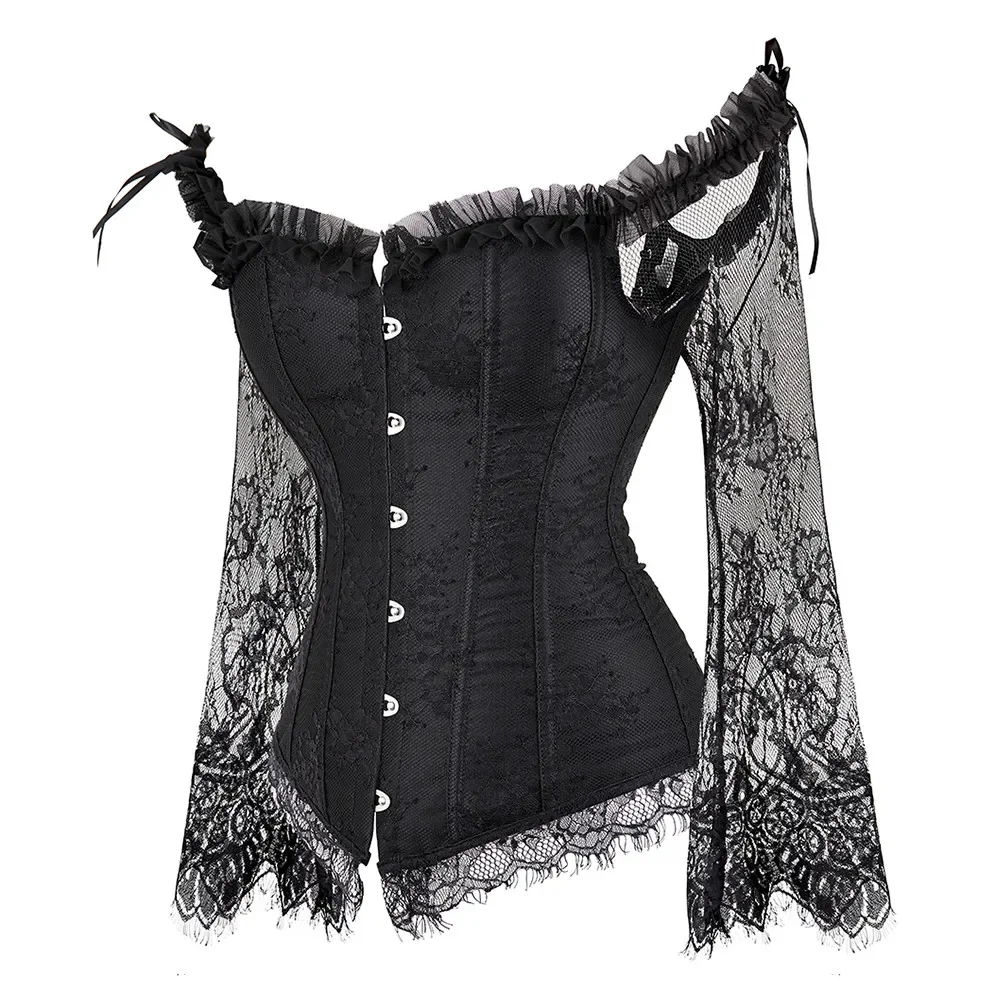 Vintage Victorian Corsets with Sleeves Lace-up Bustier Top Satin Women Sexy Overbust Corselet Body Shapewear