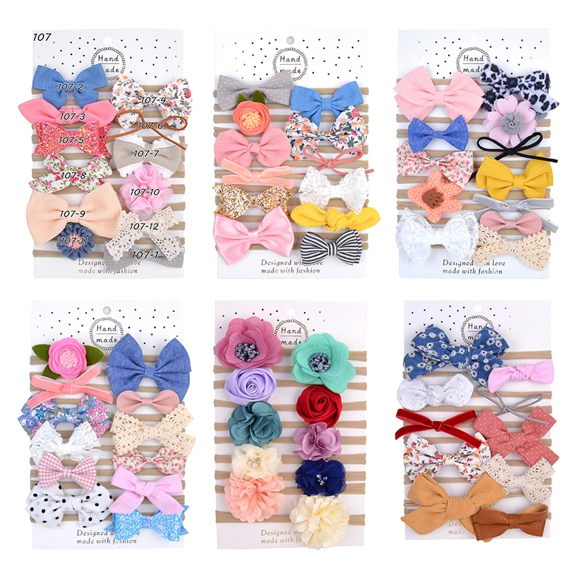 

12Pcs Bowknot Baby Headband Nylon Flower Printed Multicolor Girl Elastic Headwear Infant Toddler Rope Turban Hair Accessories