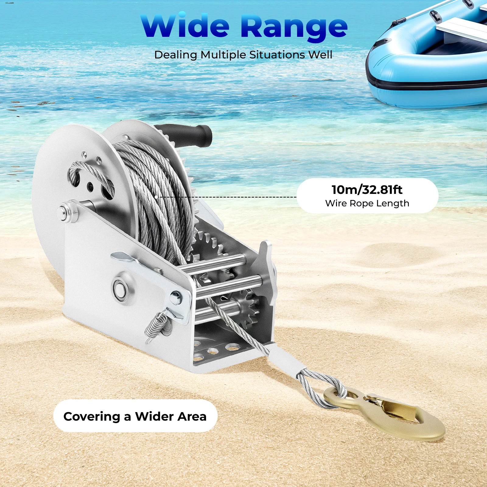 Manual Winch 3500lbs Max Pulling Force, Silver Steel Construction Manual Winch, 4:1/8:1 Gear Ratio, for Trucks Trailers Boats