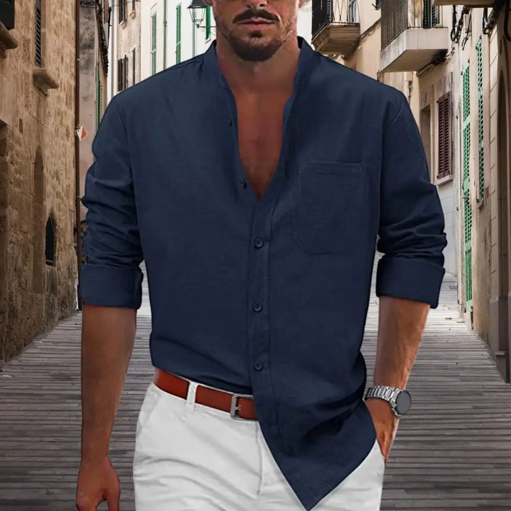 

Men Long Sleeve Shirt Men Shirt Men's Solid Color Shirt with Stand Collar Long Sleeve Lightweight Streetwear for Plus Size Men