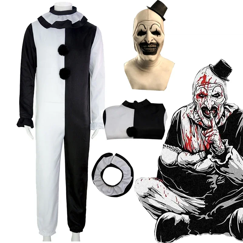 

Clown Joker Cosplay Costume Mask Terrifier Jumpsuit Women Men Halloween Horror Black White Bodysuit TV Art The Clown Clothes Set
