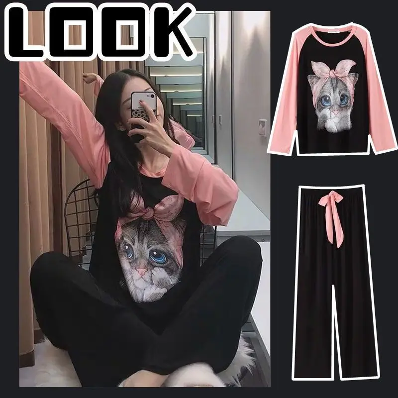 Pajama Sets for Women women pajamas set women pajama suit cotton pajamas set Cartoon Printed Long Sleeve O-neck Korean Style Comfortable Elegant Leisure Sleepwear Soft Sweet Women Set
