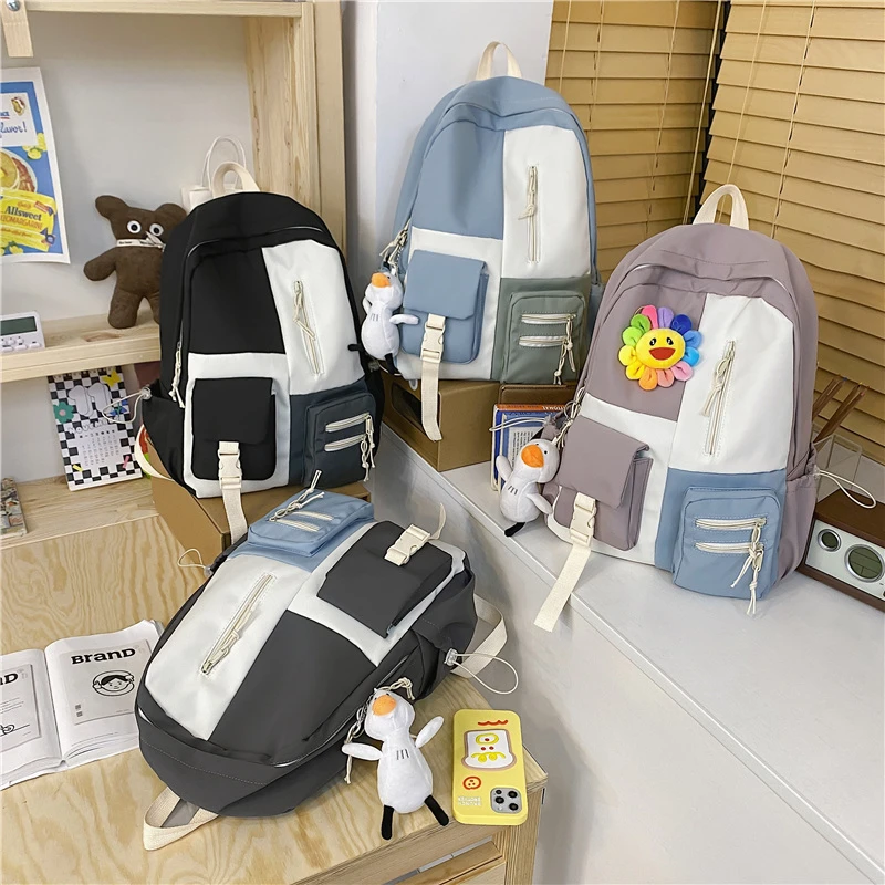 Fashion Women's Backpack Contrast Color Student Book Bag Large Capacity Travel Backpack Rucksack for Teenager School