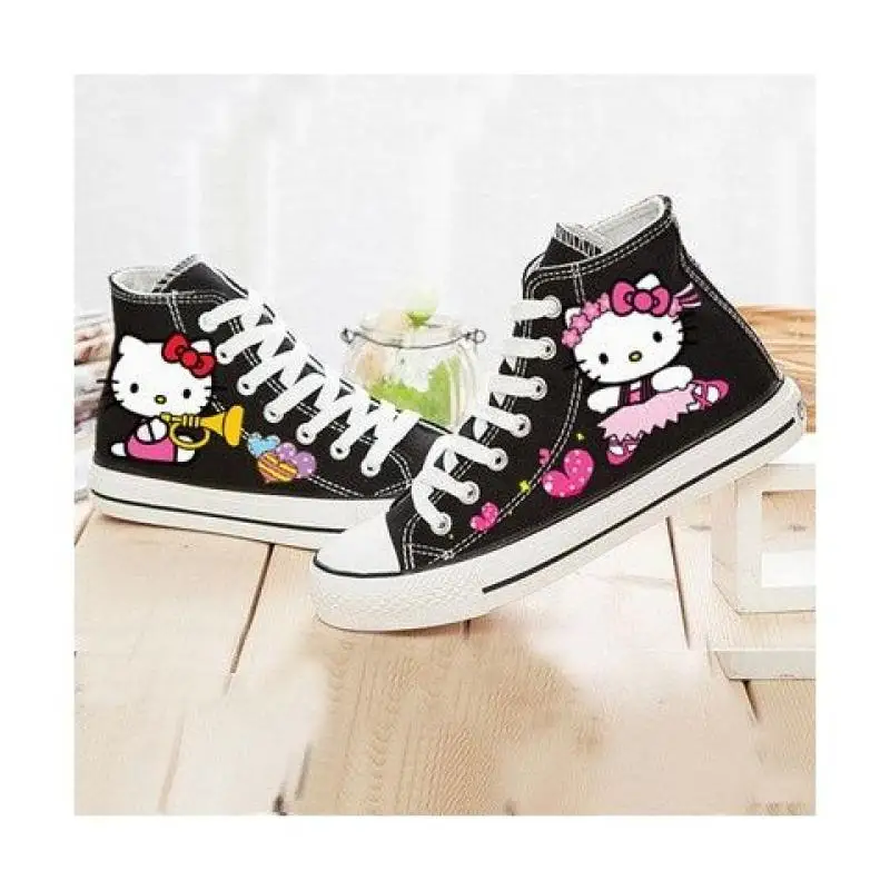 

Cartoon Cute Kawaii Sanrioed Hellokitty 2023 New Autumn Black High Top Hand-Painted Graffiti Canvas Shoes