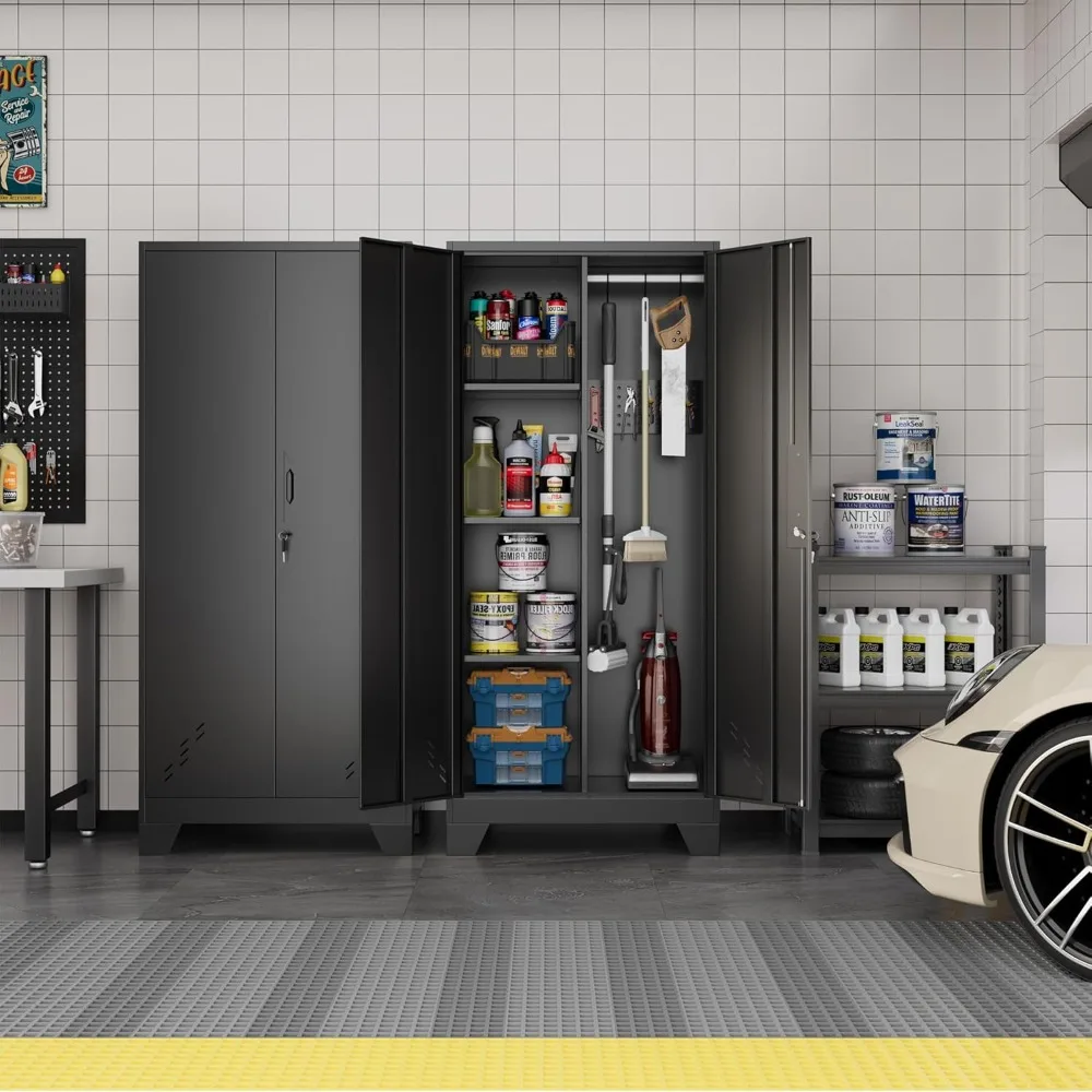 metal storage cabinet with locking doors, 61" tall garage with hanging rod, broom closet, freestanding bathroom storage cabinet,