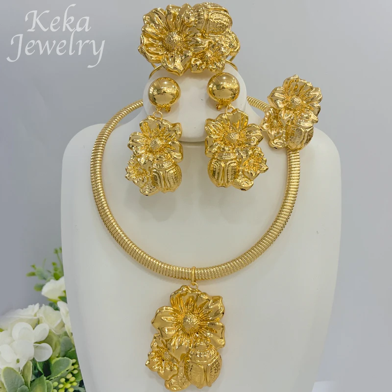 

24K Gold Plated Luxury Jewelry Set for Women Flower Drop Earrings Bracelet Ring Neckalce Dubai Bridal Jewlery Accessories Gifts