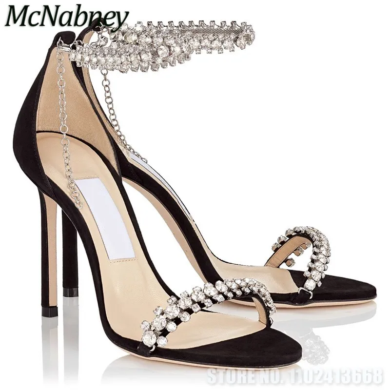 

Rhinestone cross chain buckle decor sandals Women's Stiletto suede elegant high heels luxury crystral lady runway banquet pumps