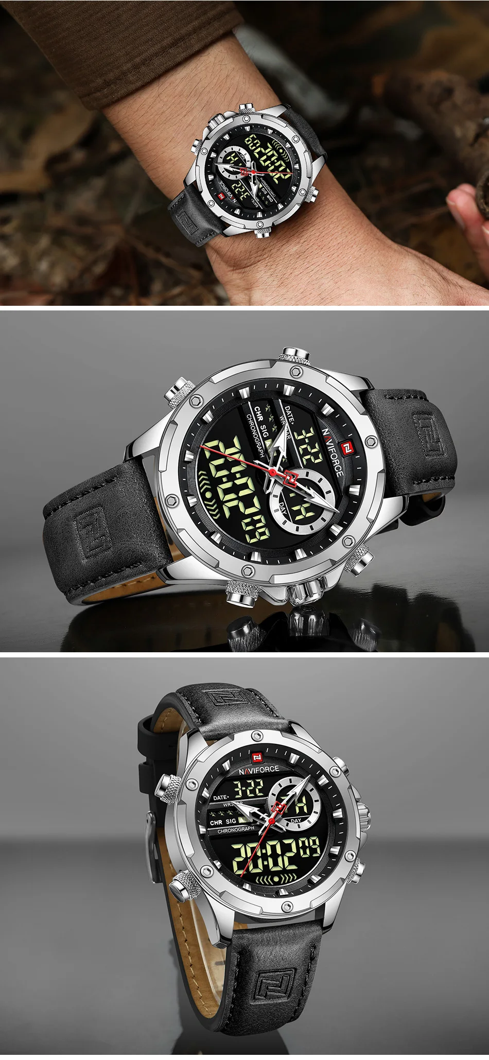 NAVIFORCE Digital Men Military Watch Waterproof Wristwatch LED Quartz Clock Sport Watch Male Big Watches Men Relogios Masculino