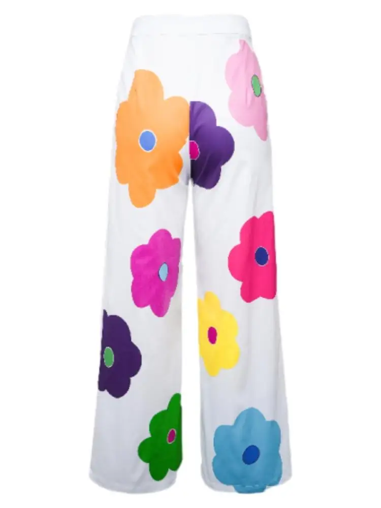 Freeacy 2024 New Pants for Women Summer Casual Bottoms Colorful Flower Printed High Wiasted Wide Leg Trousers Floor Length Pants