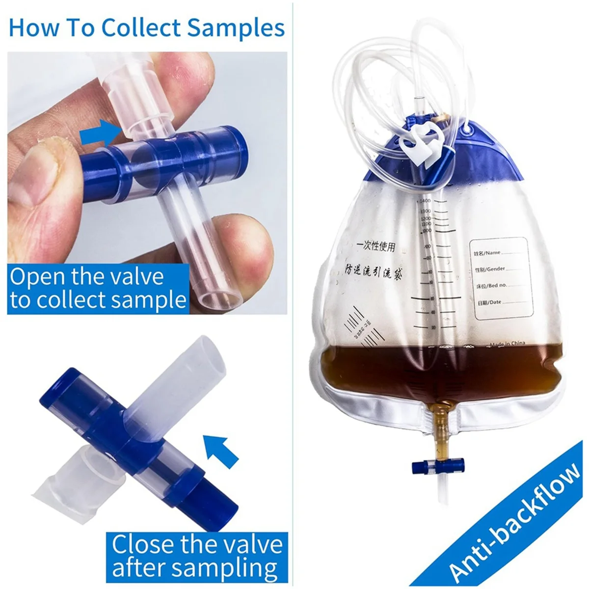 10 Pack Urinary Drainage Bags with 48In Tube Drainage Clips and Hanging Hook Urine Bags with Anti-Reflux Chamber 1500ML urinary drainage bags